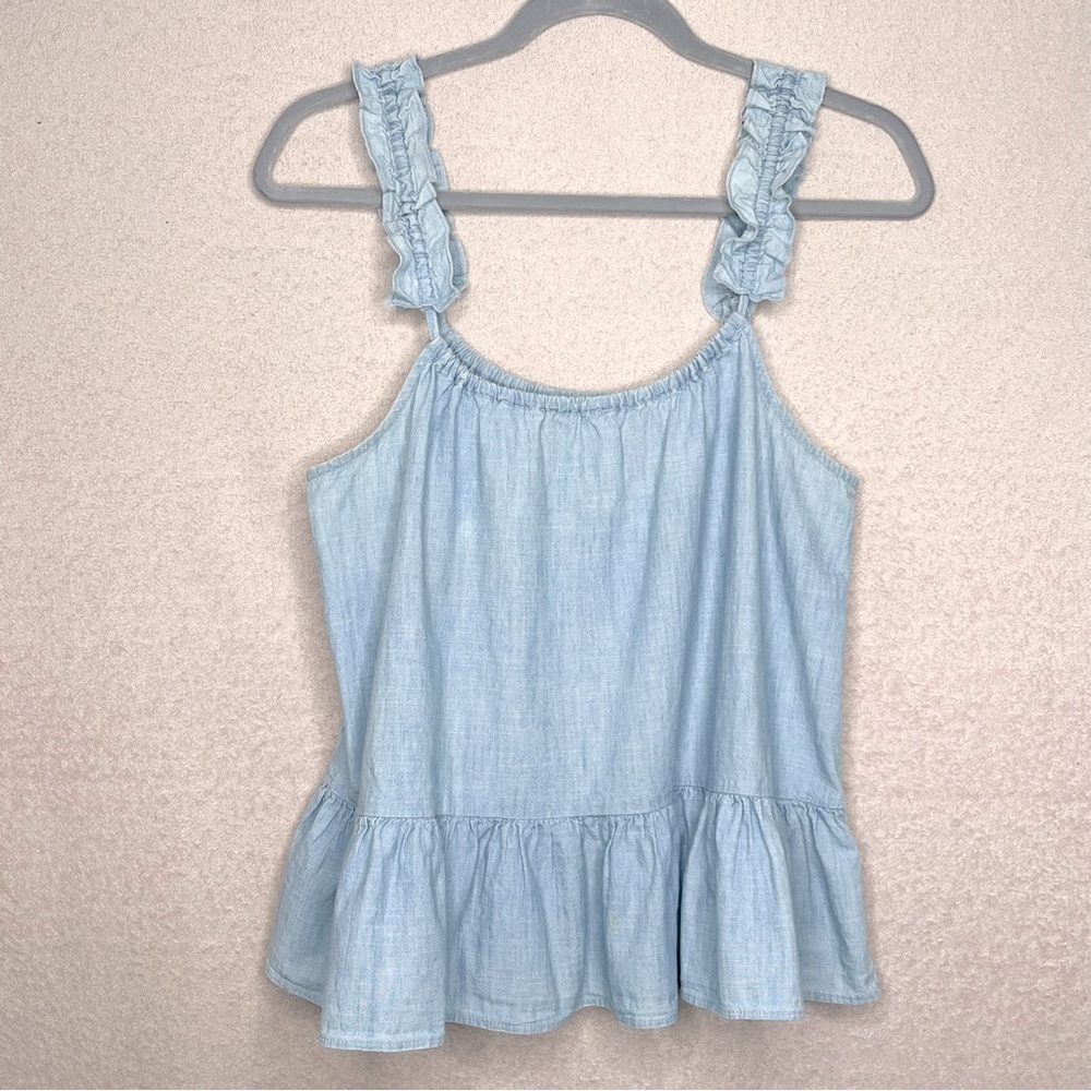Madewell Ruffle Strap Chambray Tank Top Womens 8 Light Blue Feminine Summer Boho